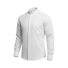 M & R Clothing white long sleeve clergy shirt with a structured tab collar and chest pocket for a formal look.