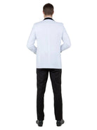 Back view of a man wearing an M & R Clothing white tuxedo jacket with a black satin shawl collar and black trousers.