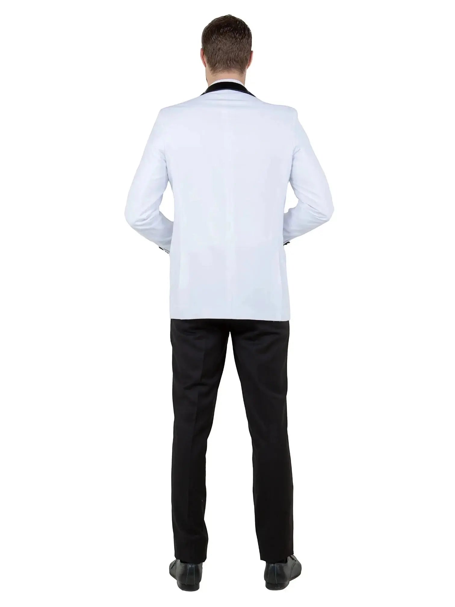 Back view of a man wearing an M & R Clothing white tuxedo jacket with a black satin shawl collar and black trousers.