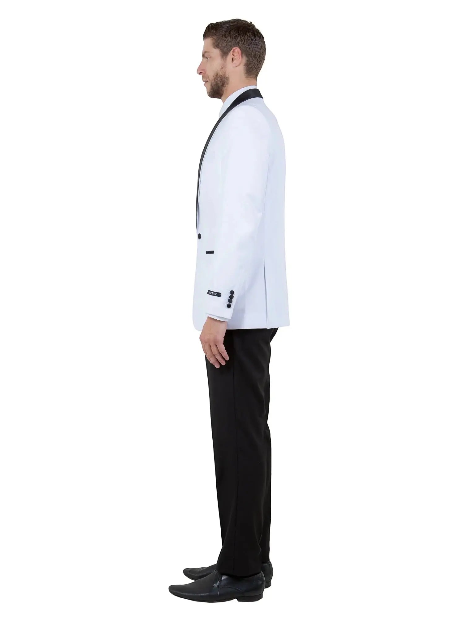 M & R Clothing men's 2-piece tuxedo with a white jacket, black satin shawl collar, and black slim-fit trousers.