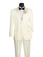 M & R Clothing 2-piece classic white tuxedo with black bow tie and pink lapel flower on a mannequin