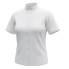 M & R Clothing white short sleeve clergy shirt for women featuring a classic tab collar and tailored silhouette.