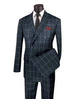 M & R Clothing modern double-breasted suit in dark navy with a white window pane pattern and peak lapels.