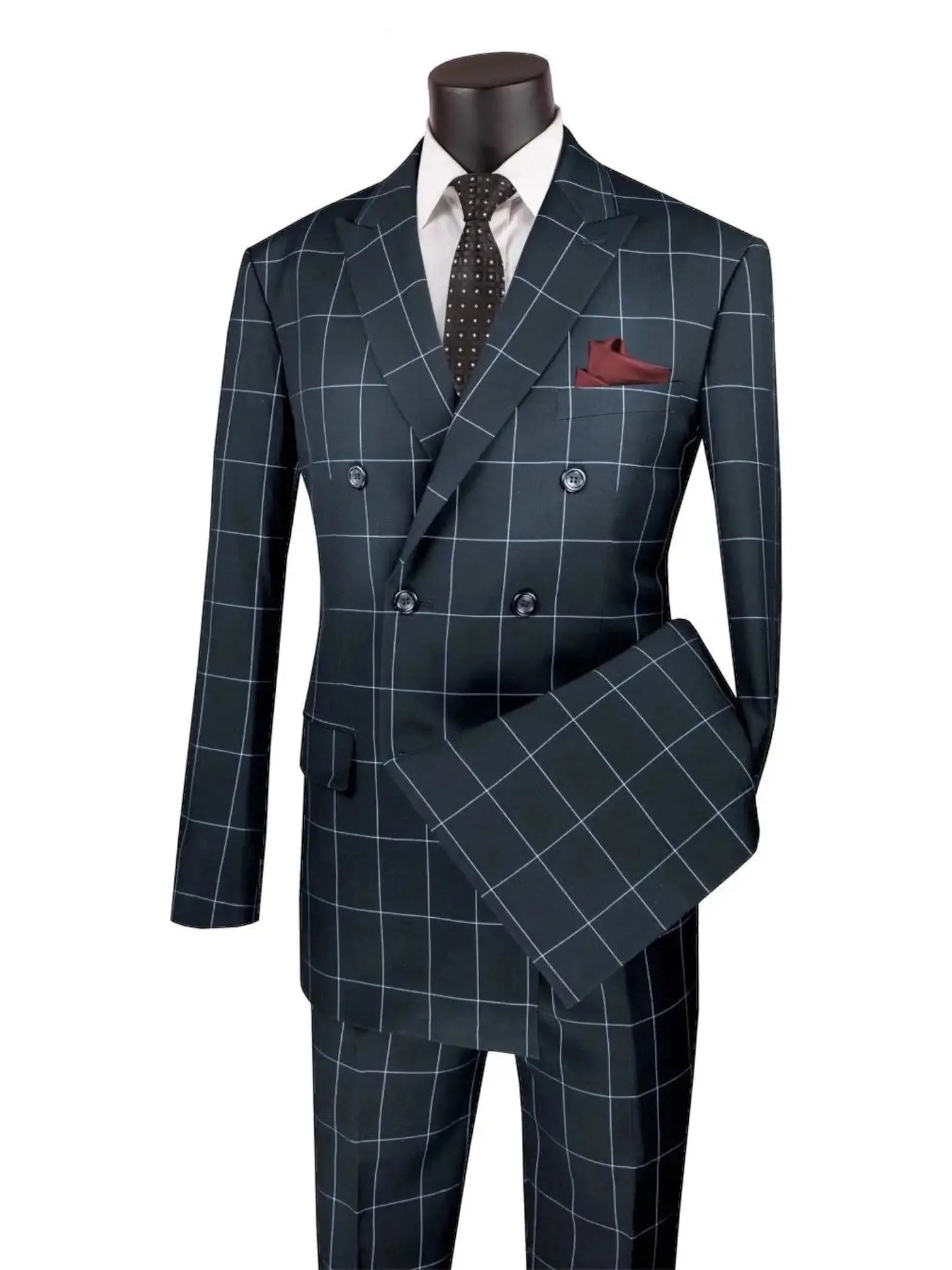 M & R Clothing modern double-breasted suit in dark navy with a white window pane pattern and peak lapels.