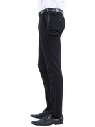 M & R Clothing Zegarie men's black tuxedo dress pants with side satin stripe, shown from a side profile view.