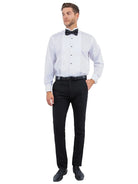 M & R Clothing Zegarie men's black tuxedo dress pants worn by a model with a white formal shirt and bow tie.