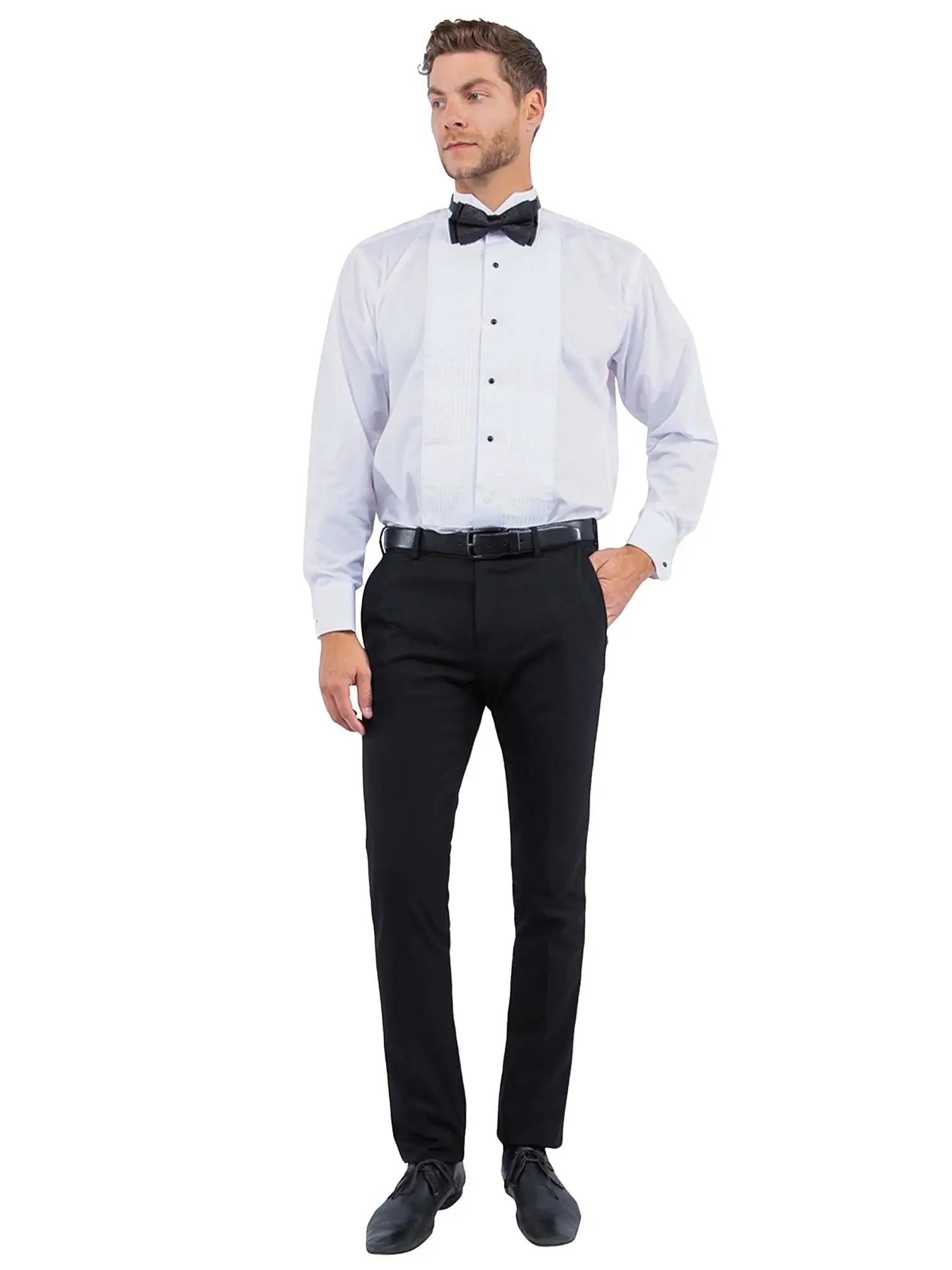 M & R Clothing Zegarie men's black tuxedo dress pants worn by a model with a white formal shirt and bow tie.