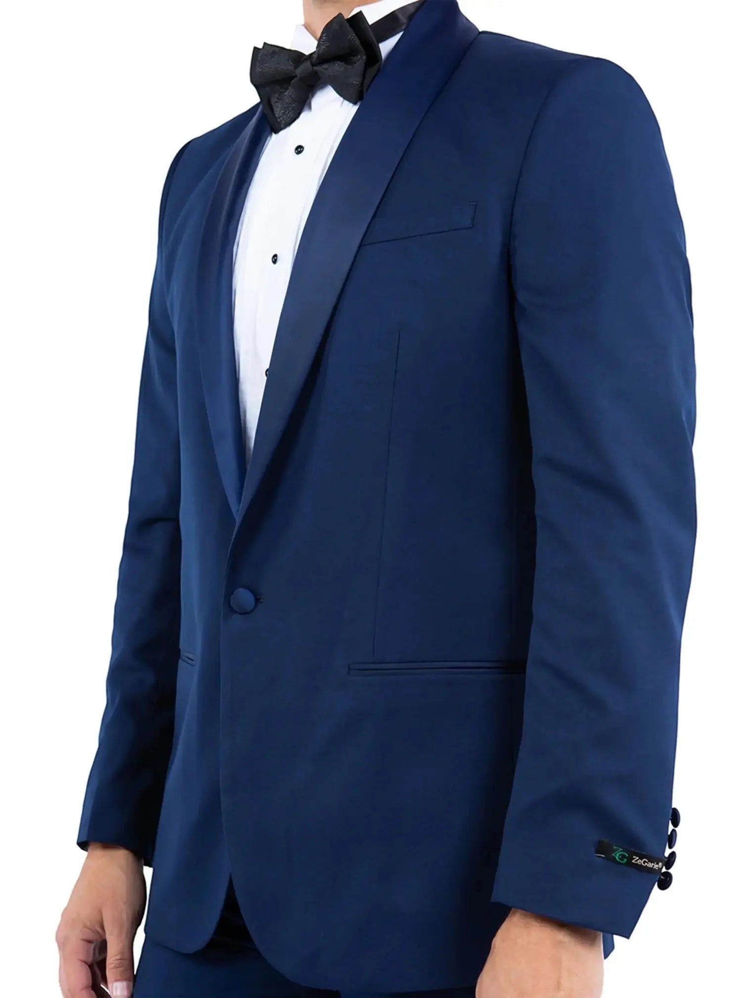 M & R Clothing Zegarie blue tailored-fit tuxedo jacket featuring a satin shawl collar and black bow tie