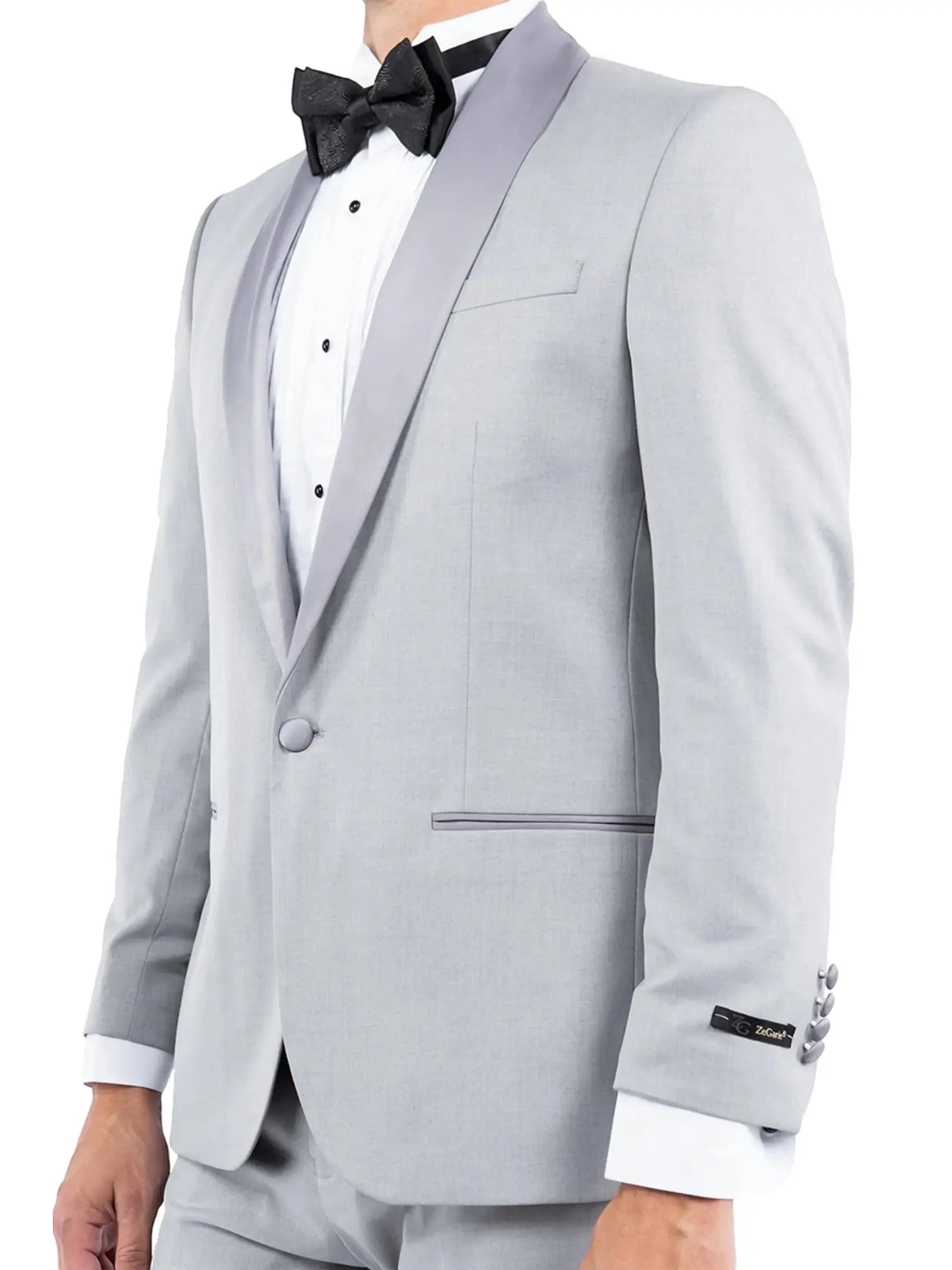 M & R Clothing Zegarie tailored-fit light grey tuxedo jacket featuring a satin shawl collar and black bow tie.