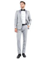 M & R Clothing Zegarie light grey tailored-fit tuxedo jacket with a satin shawl collar worn by a male model