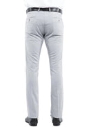 Back view of M & R Clothing Zegarie grey formal tuxedo dress pants worn with a black belt and dress shoes.