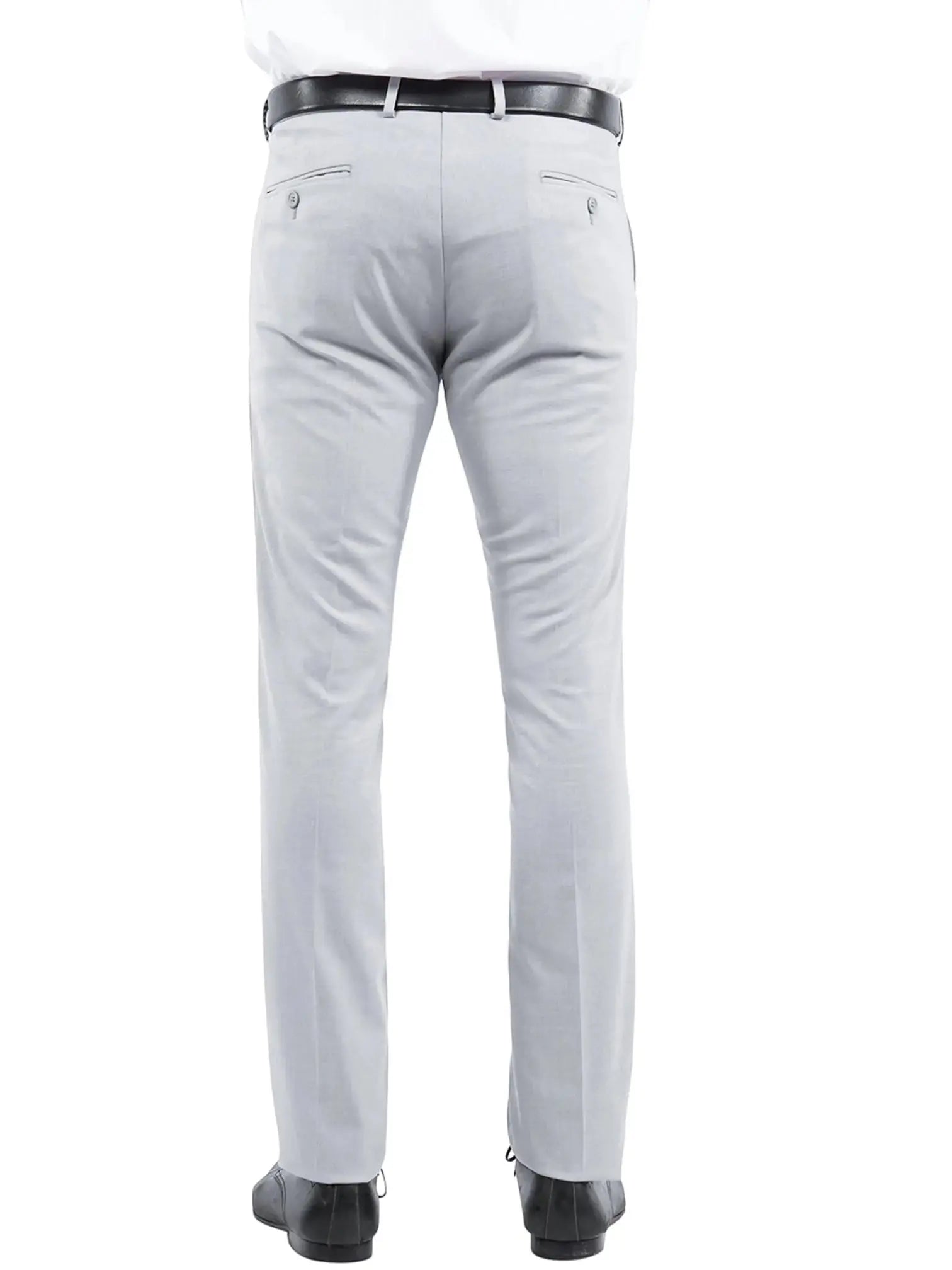 Back view of M & R Clothing Zegarie grey formal tuxedo dress pants worn with a black belt and dress shoes.