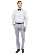 M & R Clothing Zegarie men's grey formal tuxedo dress pants worn by a model in a white tuxedo shirt and bow tie.