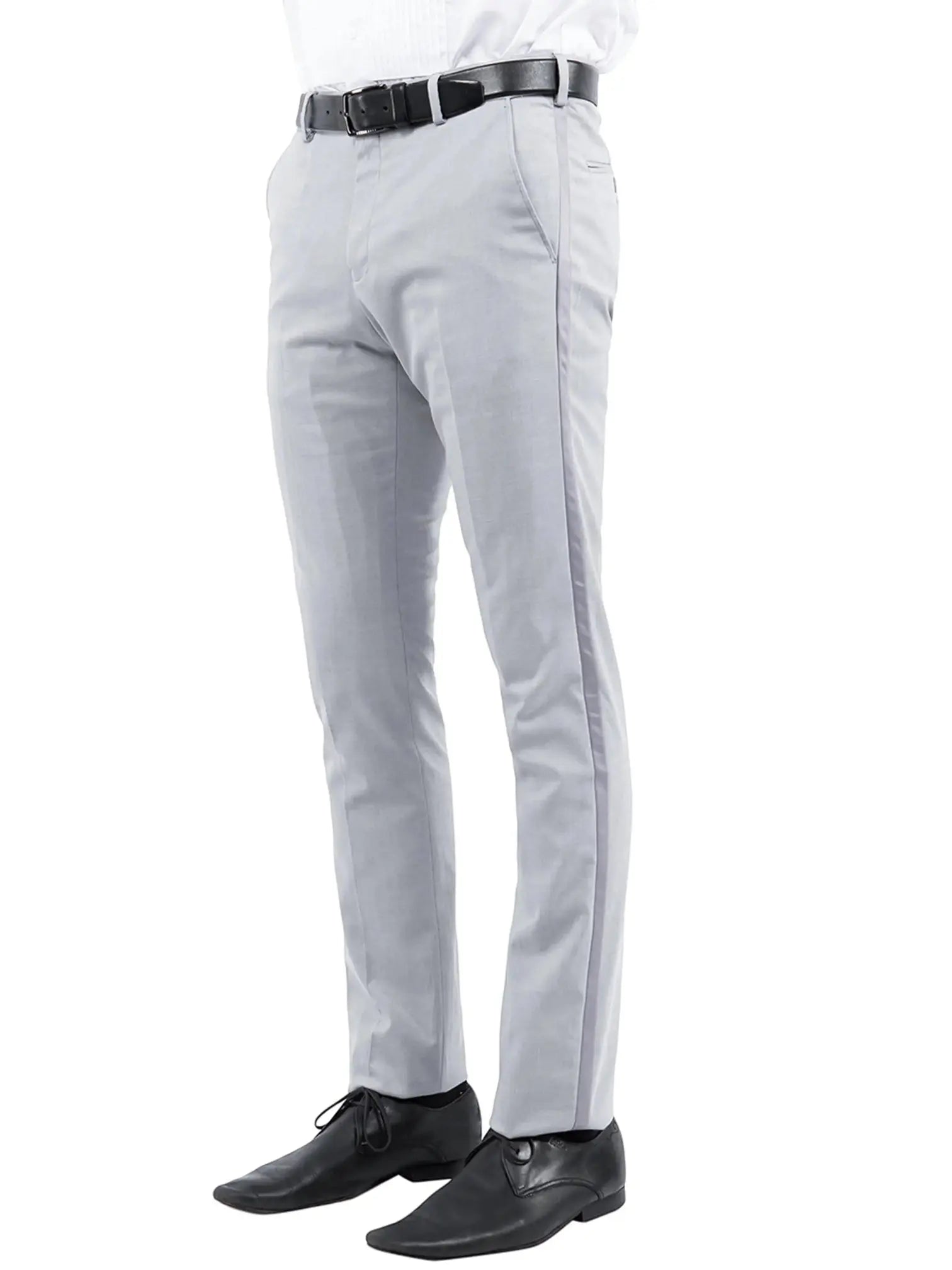 M & R Clothing Zegarie grey formal tuxedo dress pants with a side stripe, worn with a black belt and dress shoes.