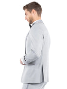M & R Clothing Zegarie light grey tailored-fit tuxedo jacket with a satin shawl collar worn by a man in profile