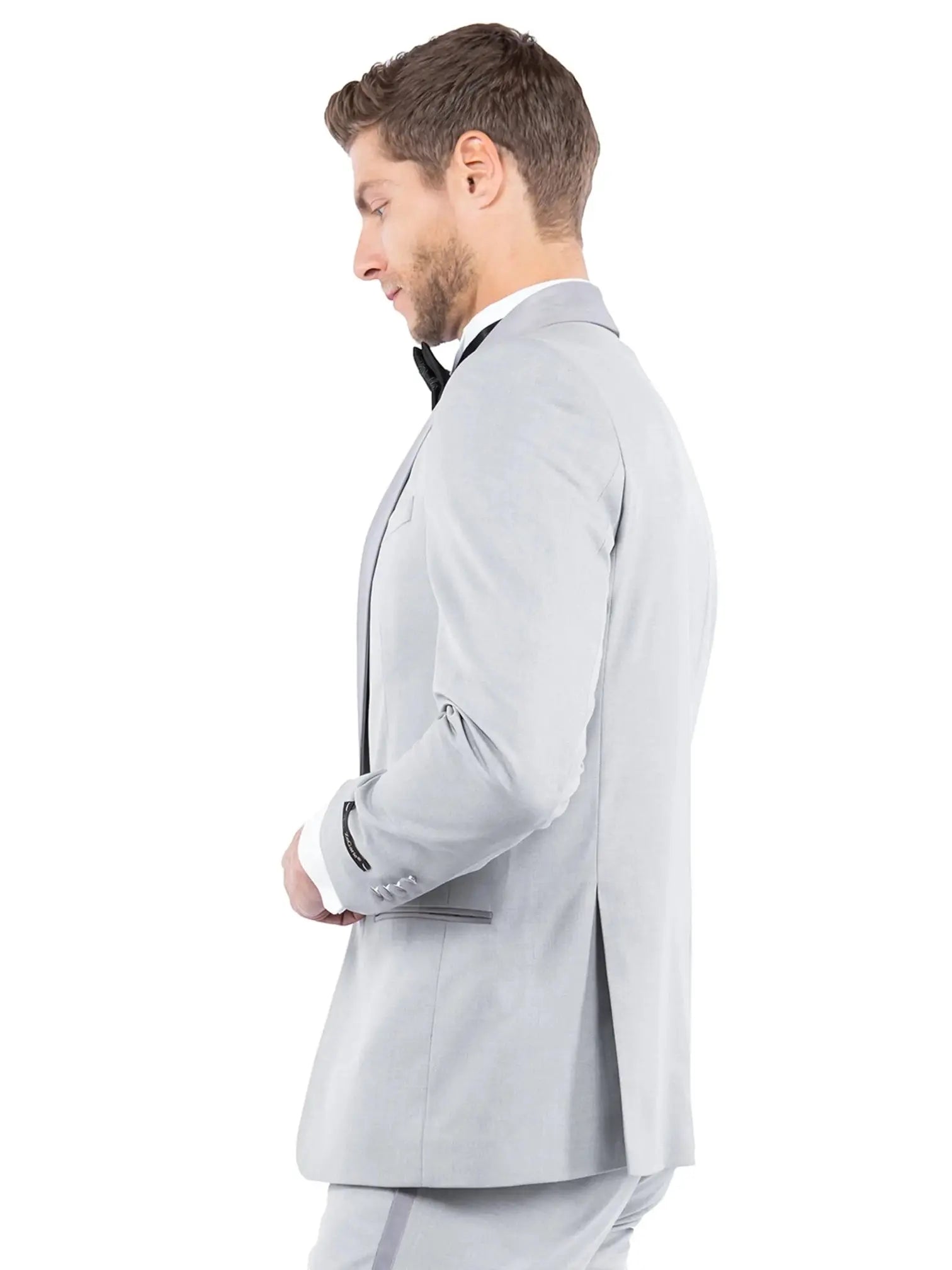 M & R Clothing Zegarie light grey tailored-fit tuxedo jacket with a satin shawl collar worn by a man in profile
