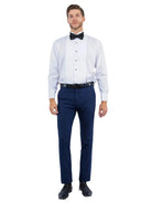 M & R Clothing Zegarie navy formal tuxedo dress pants worn by a man with a white tuxedo shirt and black bow tie