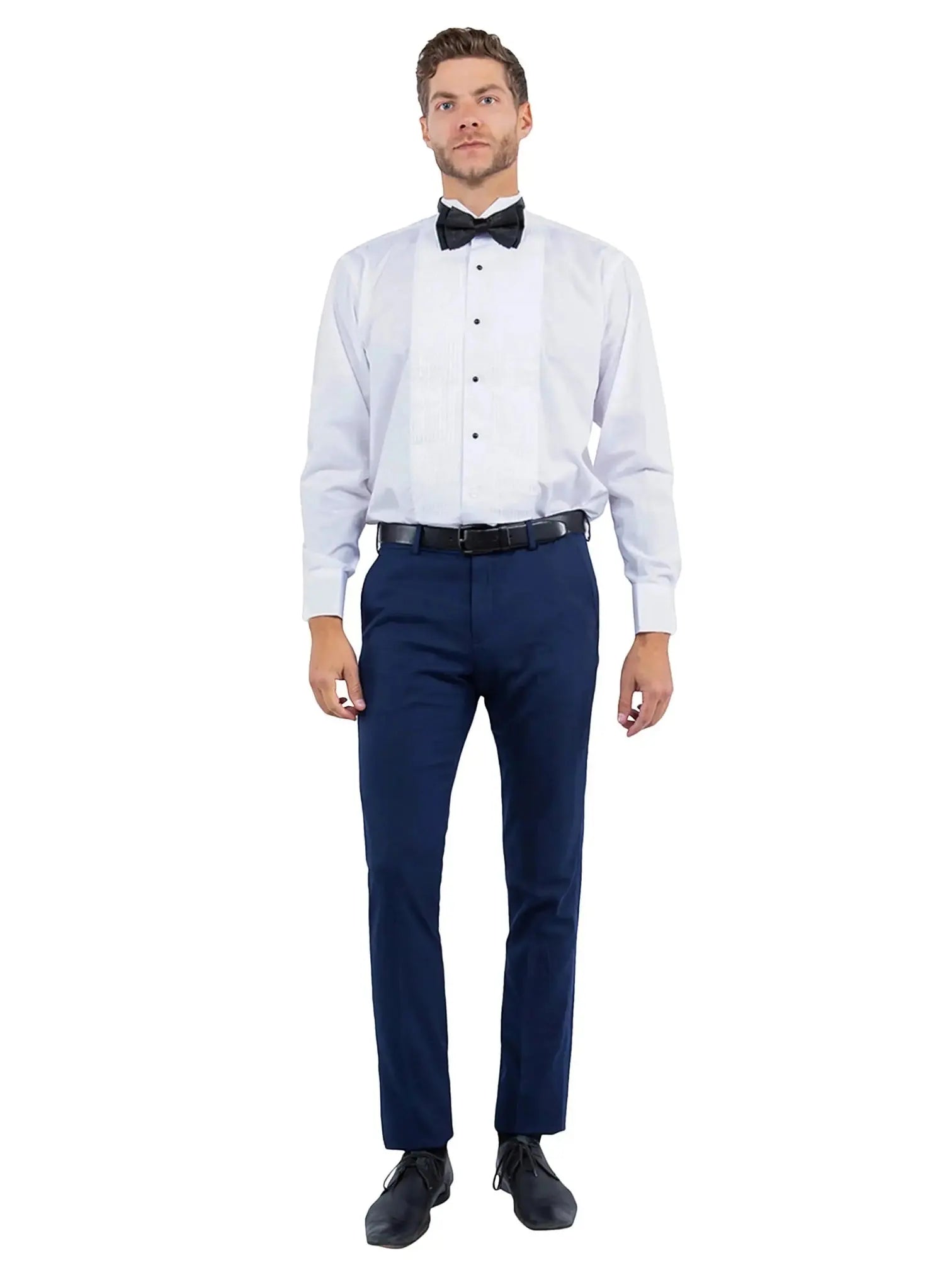 M & R Clothing Zegarie navy formal tuxedo dress pants worn by a man with a white tuxedo shirt and black bow tie