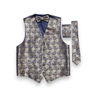 A men's formal vest set featuring a patterned waistcoat, matching bow tie, and a matching necktie, laid out on a clean white background. The fabric has an intricate damask pattern in beige and navy blue, with a solid navy blue lining.