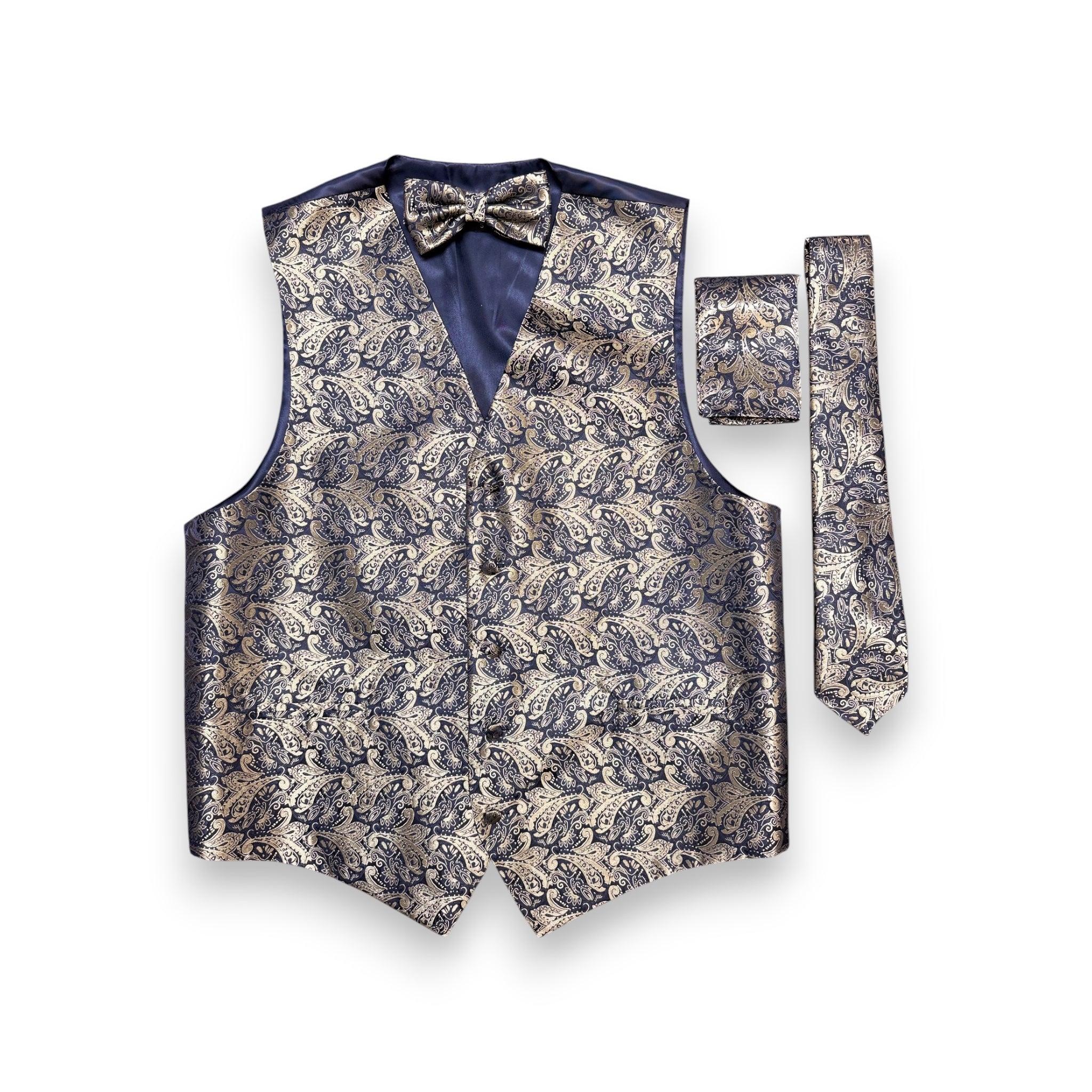 A men's formal vest set featuring a patterned waistcoat, matching bow tie, and a matching necktie, laid out on a clean white background. The fabric has an intricate damask pattern in beige and navy blue, with a solid navy blue lining.