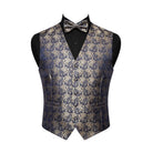 A men's formal vest with a matching bow tie, displayed on a black mannequin torso against a plain white background. The vest features an intricate, woven damask pattern in navy blue and gold, while the inner shirt is black.