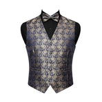 A men's formal vest with a matching bow tie, displayed on a black mannequin torso against a plain white background. The vest features an intricate, woven damask pattern in navy blue and gold, while the inner shirt is black.