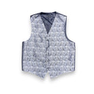 A men's waistcoat vest featuring an all-over light blue and gray floral jacquard pattern, with a solid dark gray inner lining and trim, displayed flat against a white background.