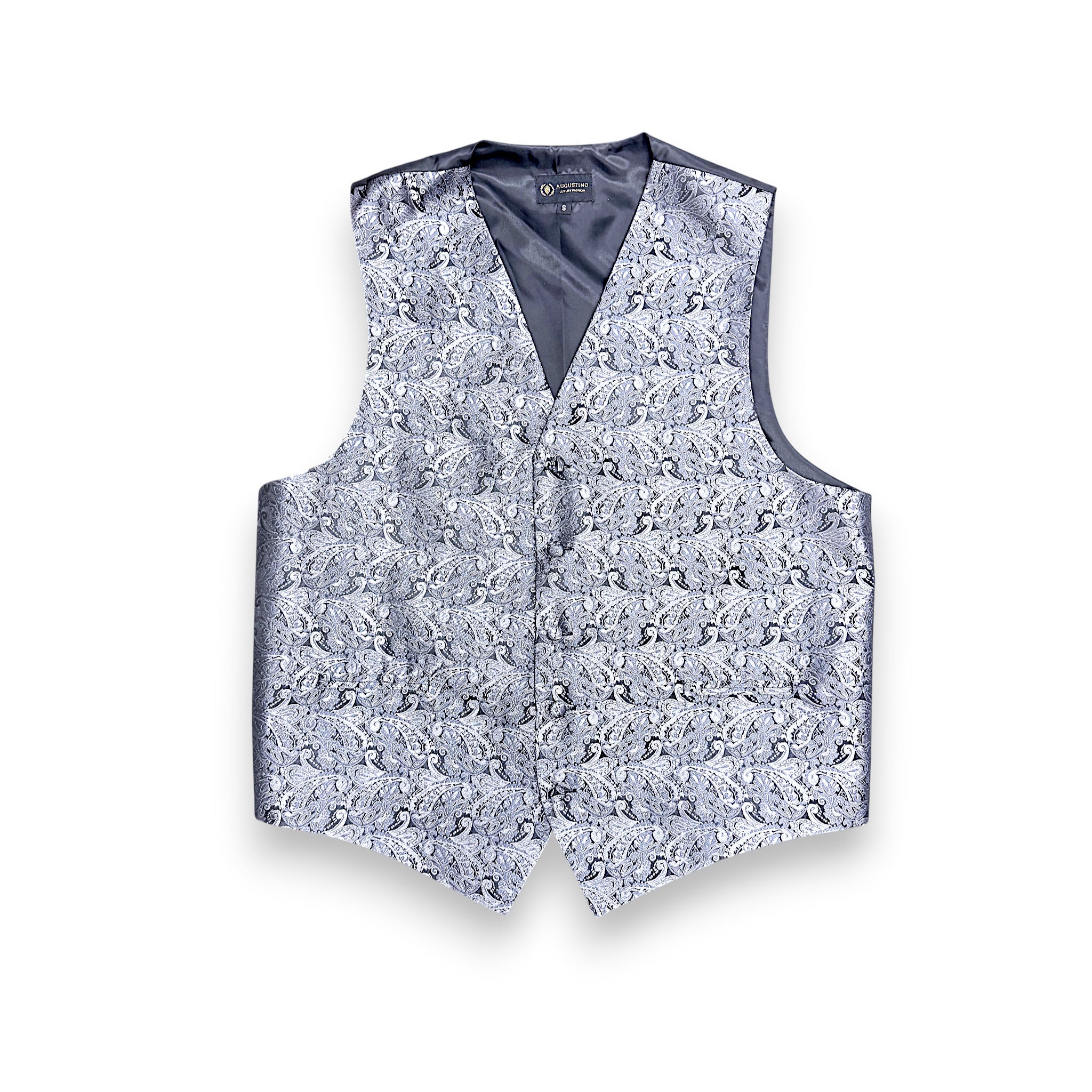 A men's waistcoat vest featuring an all-over light blue and gray floral jacquard pattern, with a solid dark gray inner lining and trim, displayed flat against a white background.