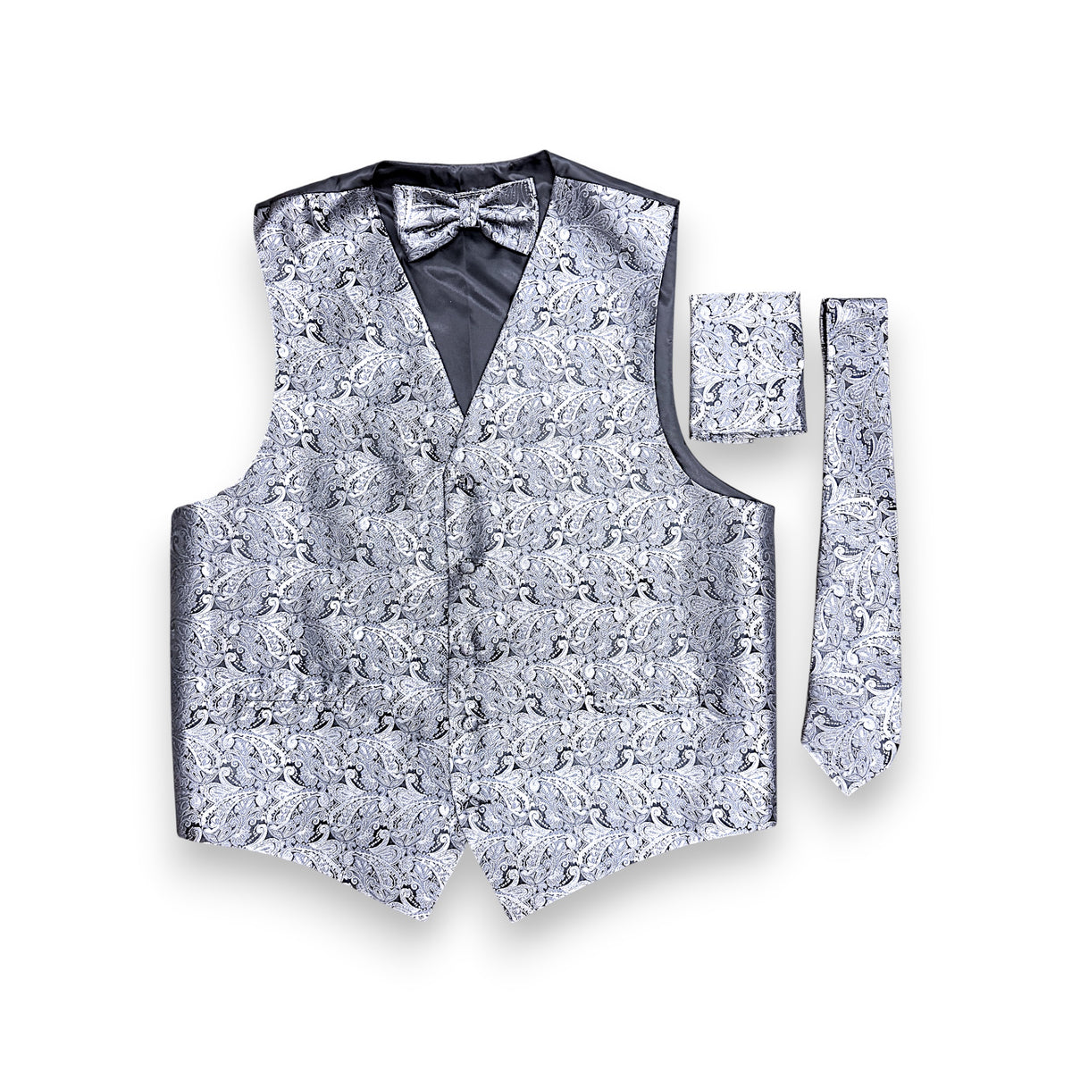 A men's formal vest set with a matching bow tie, pocket square, and tie, featuring a gray and white patterned fabric with black trim on a white background.