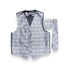 A men's formal vest set with a matching bow tie, pocket square, and tie, featuring a gray and white patterned fabric with black trim on a white background.