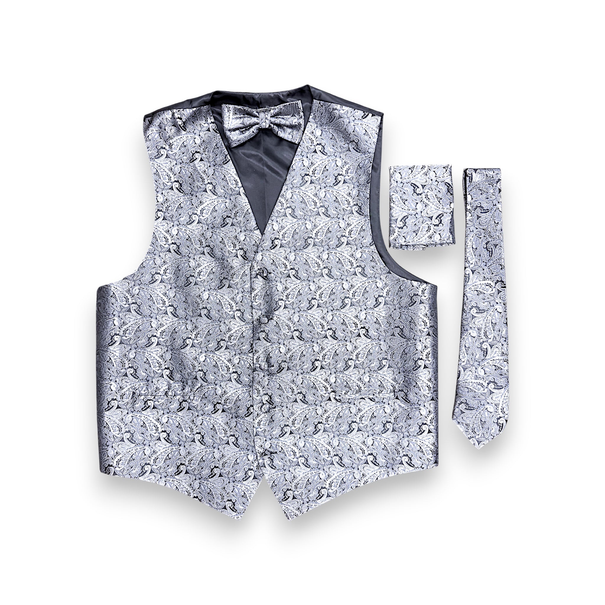 A men's formal vest set with a matching bow tie, pocket square, and tie, featuring a gray and white patterned fabric with black trim on a white background.