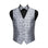 A men's formal vest with a matching bow tie, displayed on a black mannequin torso against a plain white background. The vest and bow tie feature an intricate silver and gray damask pattern, while the shirt underneath is solid black.