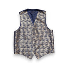 A men's waistcoat vest featuring an intricate navy blue and beige damask pattern, with a solid navy blue V-neck lining, photographed flat against a white background.