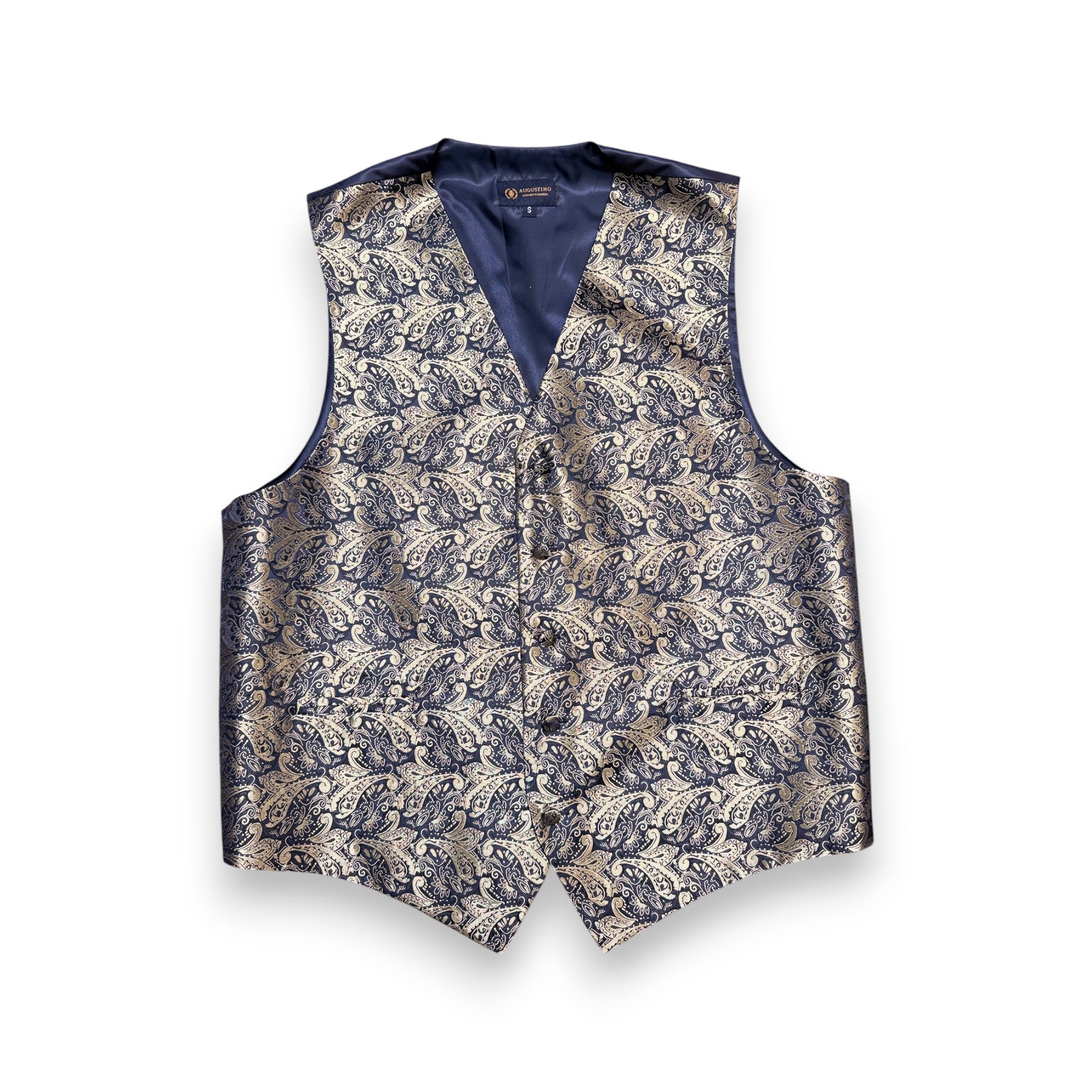 A men's waistcoat vest featuring an intricate navy blue and beige damask pattern, with a solid navy blue V-neck lining, photographed flat against a white background.